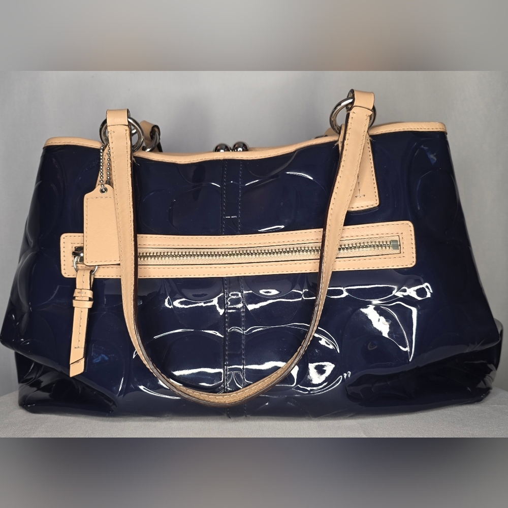 Coach Patent Leather Signature Tote – Navy Blue with Tan Trim, Leather Handles - Picture 5 of 11